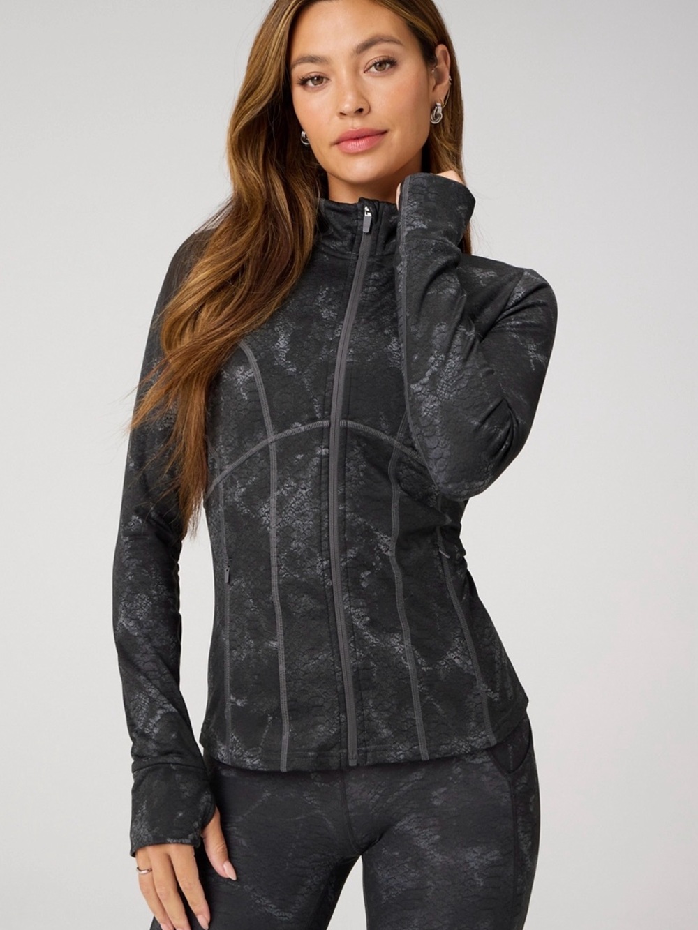 Fabletics Women's S Black/Gray Cold Weather Track Jacket Full Zip Thumbholes